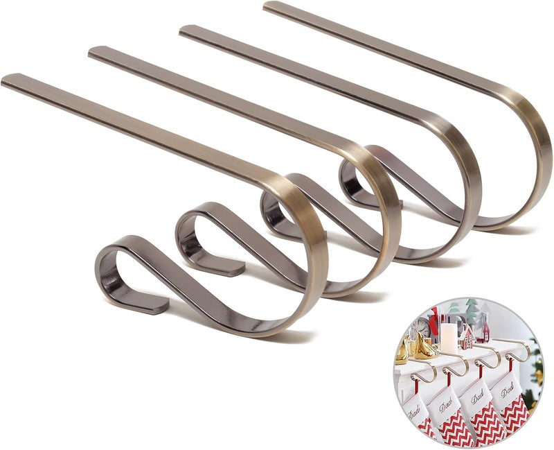 Klurent Christmas Stocking Holders for Mantle Set of 4, Lightweight Adjustable Christmas Stocking Holder Hooks Metal Fireplace Hanger for Christmas Party Decoration, Non-Slip Mantle Stocking Hooks(Bronze) - Image 1